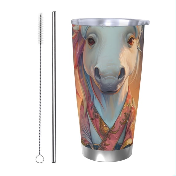 Bingfone Starry Sky Cute Horse for 20 Oz Stainless Steel Travel Mug Double Wall Water Coffee Cup for Home,Office, Outdoor Works Great for Ice Drinks and Hot Beverage-Straw Two-piece Set
