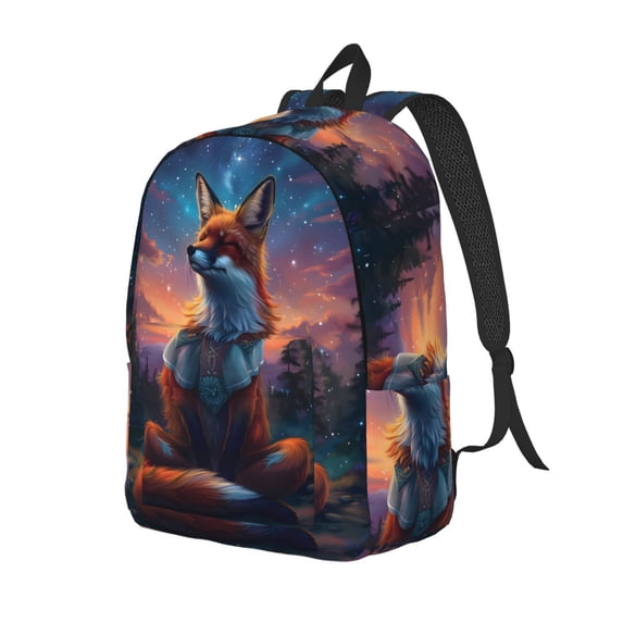 Bingfone Starry Sky Meditating Fox Print Canvas College Laptop Backpack, Large Capacity Lightweight College Bookbag Casual Daypack-Small