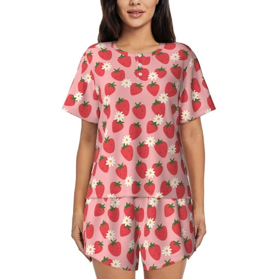 Bingfone Strawberry And Flowers Print Pajamas Sets for Women Soft Short-Sleeved Pjs with Lounge Shorts Two Piece Sleepwear