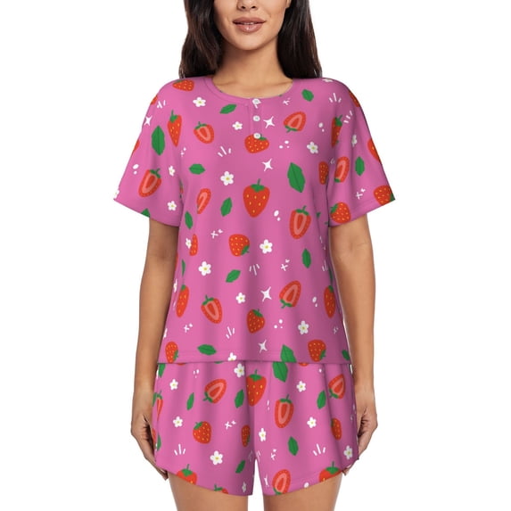 Bingfone Strawberry Floral Print Pajamas Sets for Women Soft Short-Sleeved Pjs with Lounge Shorts Two Piece Sleepwear