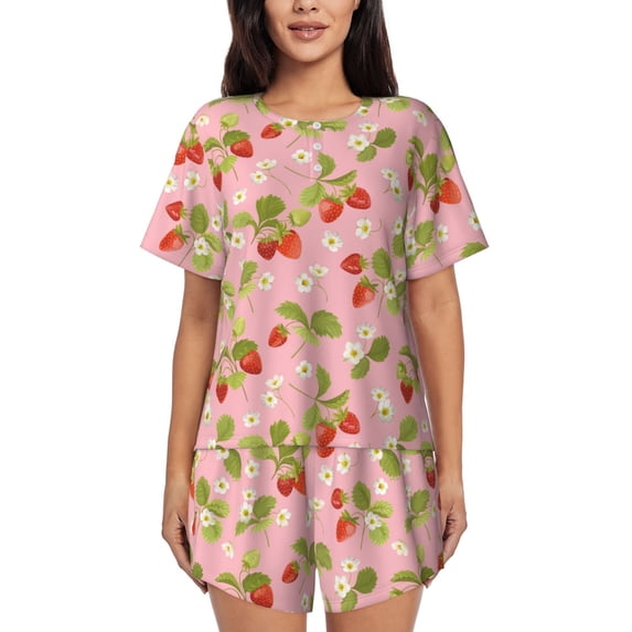 Bingfone Strawberry Floral Print Pajamas Sets for Women Soft Short-Sleeved Pjs with Lounge Shorts Two Piece Sleepwear