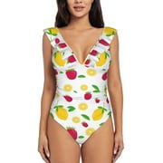 Bingfone Strawberry and Lemon Print Women Ruffle One Piece Swimsuit Flounce Sleeve Swimwear V Neck Bathing Suit for Teen Girls - Large