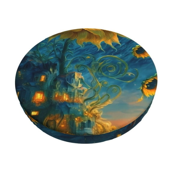 Bingfone Sunflower Castle Starry Sky Padded Round Bar Stool Cover Cushion with Elastic Fabric Round Chair Seat - Sunflower Castle Starry Sky