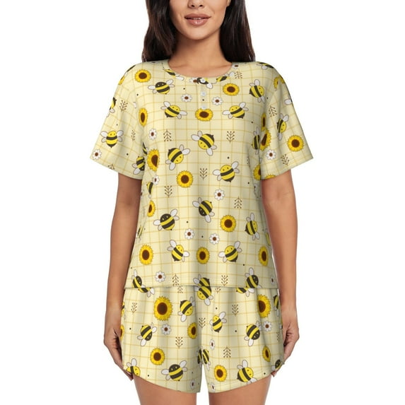 Bingfone Sunflowers Bee Print Pajamas Sets for Women Soft Short-Sleeved Pjs with Lounge Shorts Two Piece Sleepwear