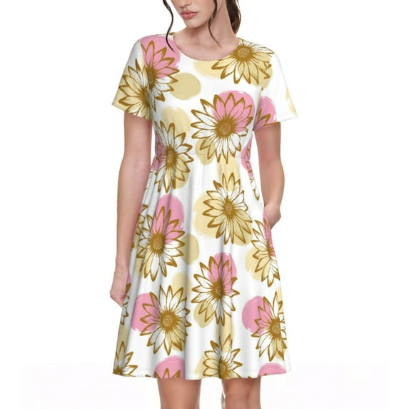 Bingfone Sunflowers Print Women’s Short Sleeve Dress, Comfortable Casual Dress, Stylish Summer Dress with Stretchy Fit for Daily Wear