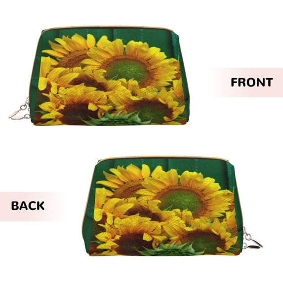 Bingfone Sunflowers in Bucket Print Leather Makeup Bag, Portable Hand-held Zipper Female Cosmetic Bag Toiletry Bag, Suitable for Home and Travel