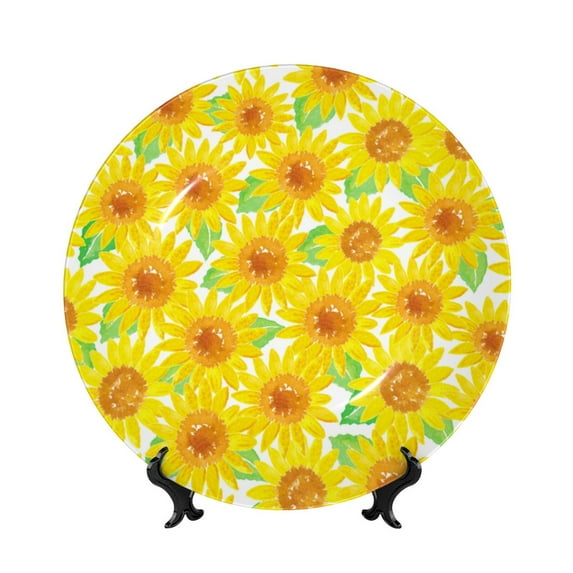 Bingfone Sunflowers2 Print Bone China Dinner Decorative Plates,Handmade Ceramic Dinner Plate with Stand for Home Club-7in
