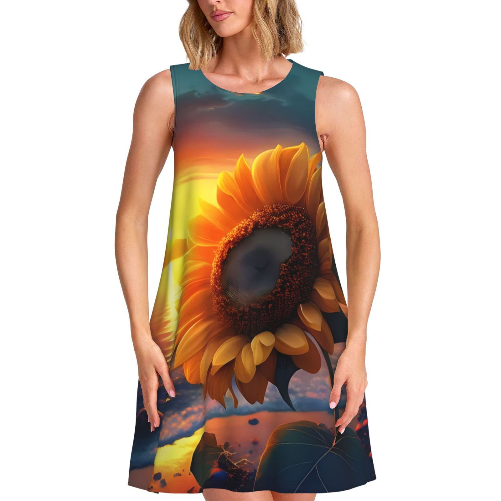 Sunflower Print Backless Asymmetrical Dress main image 1
