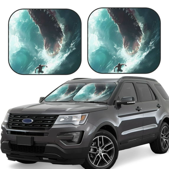 Bingfone Surfing Shark Windshield Sun Shade 2-Piece Foldable Car Front Window Sunshade for Most Sedans SUV Truck - Medium
