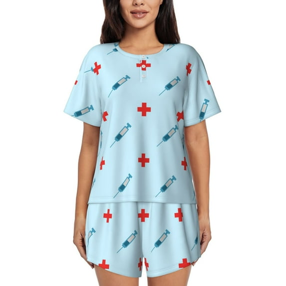 Bingfone Syringe And Red Cross Print Pajamas Sets for Women Soft Short-Sleeved Pjs with Lounge Shorts Two Piece Sleepwear