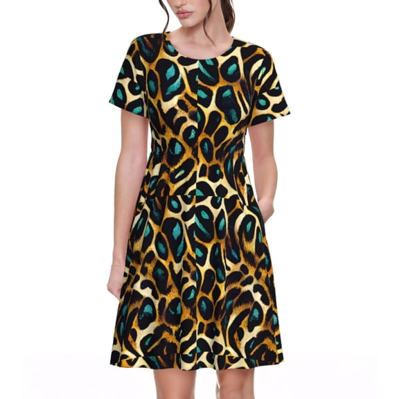 Bingfone Teal Leopard Print Women’s Short Sleeve Dress, Comfortable Casual Dress, Stylish Summer Dress with Stretchy Fit for Daily Wear