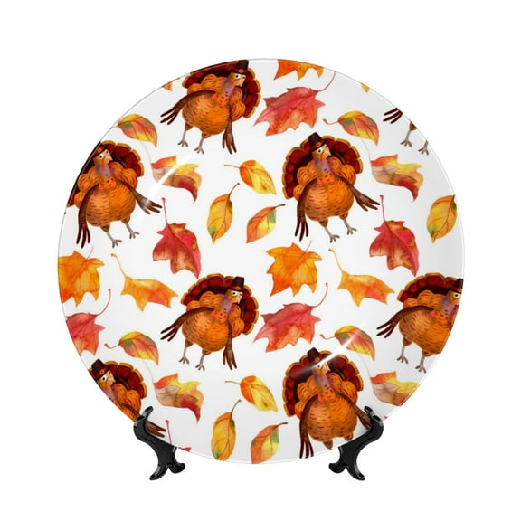 Bingfone Thanksgiving Turkey Leaves Print Bone China Dinner Decorative Plates,Handmade Ceramic Dinner Plate with Stand for Home Club-6in
