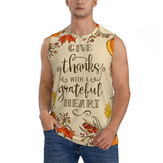 Bingfone Thanksgiving With A Grateful Heart Pattern Men's Tank Tops Workout Sleeveless Tee Shirts Running Beach Tanks for Men-Medium