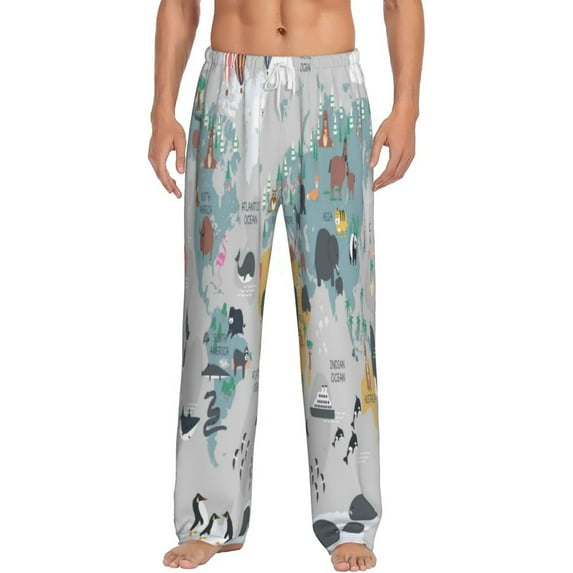 Bingfone The World Map With Cartoon Animals Mens All Over Print Sleep Pajama Pants-Large