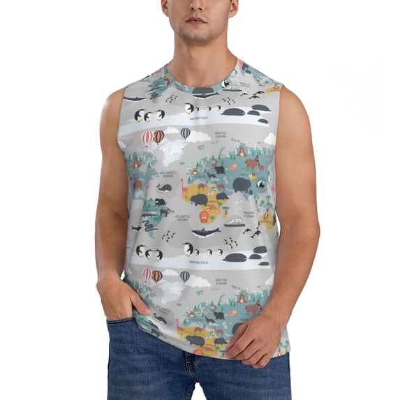 Bingfone The World Map with Cartoon Animals Pattern Men's Tank Tops Workout Sleeveless Tee Shirts Running Beach Tanks for Men-X-Large