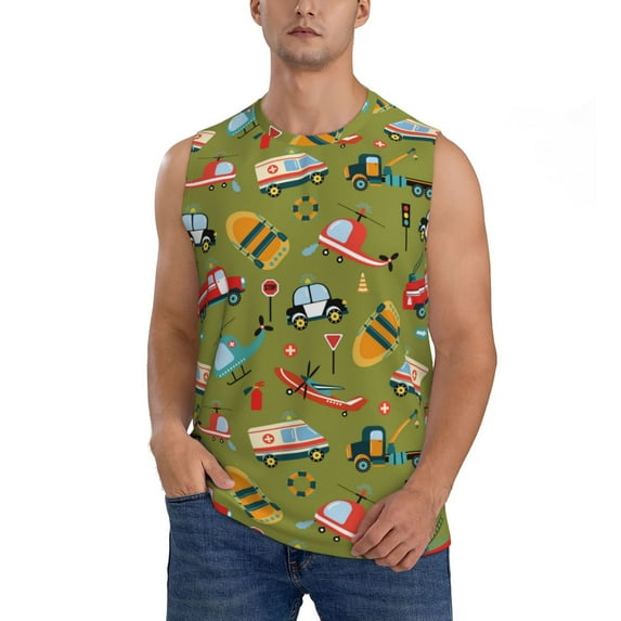 Bingfone Transportation Prints Pattern Men's Tank Tops Workout Sleeveless Tee Shirts Running Beach Tanks for Men-Medium