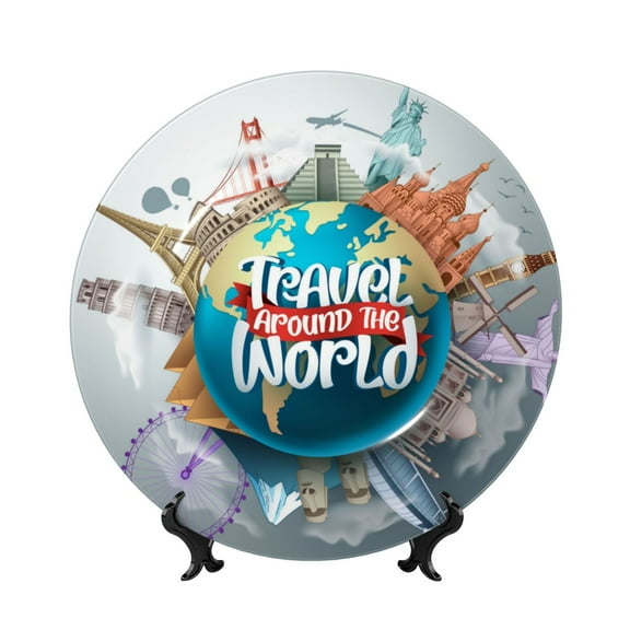 Bingfone Travel Around The World Print Bone China Dinner Decorative Plates,Handmade Ceramic Dinner Plate with Stand for Home Club-6in