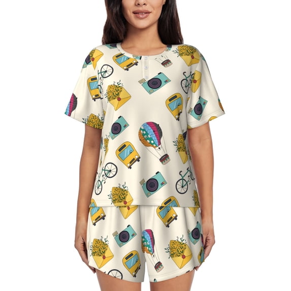 Bingfone Travel Elements Print Pajamas Sets for Women Soft Short-Sleeved Pjs with Lounge Shorts Two Piece Sleepwear