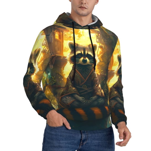 Bingfone Tree Meditating Raccoon Men's Drawstring Hoodie Long Sleeve Pocket Sweatshirts-XX-Large