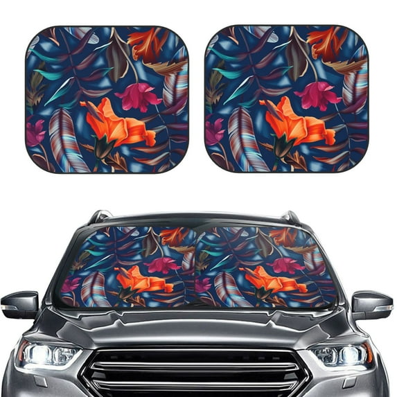 Bingfone Tropical Flower Windshield Sun Shade 2-Piece Foldable Car Front Window Sunshade For Most Sedans Suv Truck - Auto Sun Blocker Visor Protector Blocks Max Uv Rays - Small