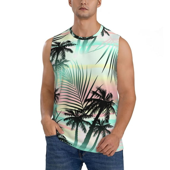Bingfone Tropical Summer Palm Pattern Men's Tank Tops Workout Sleeveless Tee Shirts Running Beach Tanks for Men-XX-Large