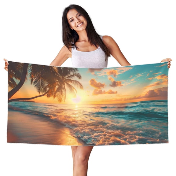 Bingfone Tropical Sunset Beach Scene Oversized 27.7x55 Inches Beach Towel, Super Absorbent Soft Plush Pool Towel, Bath Towel for Travel Sports Pool Swimming Bath Camping Yoga Girls Women Adults