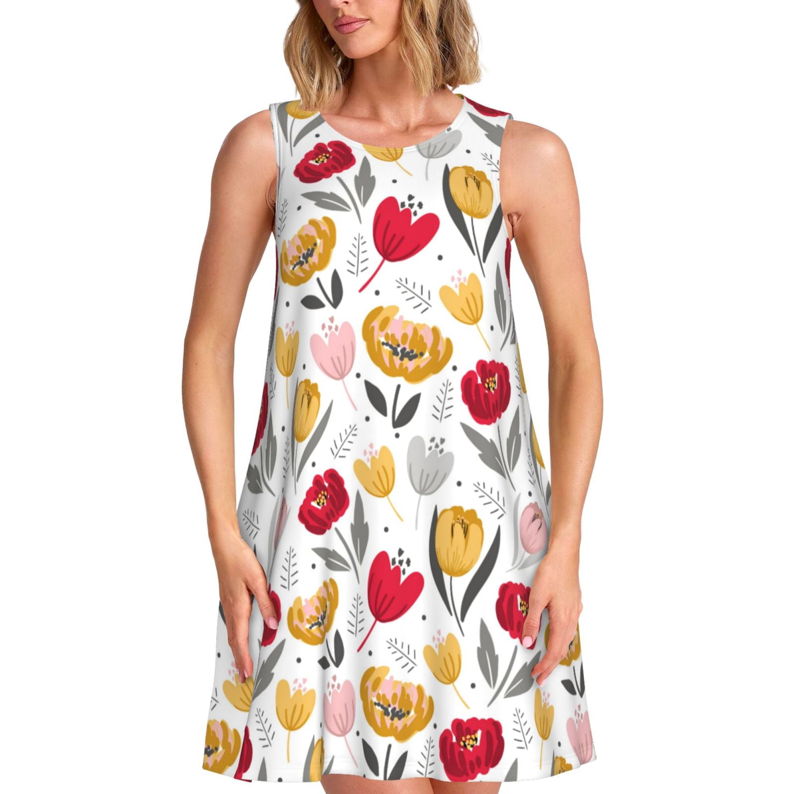 Bingfone Tulips Flowers Print Women's Sleeveless Dress, Loose Fit — free download