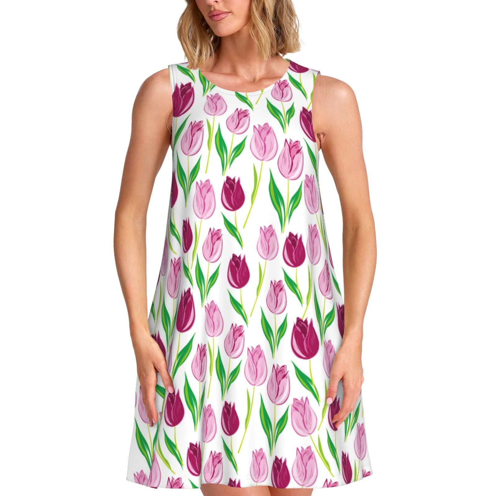 Bingfone Tulips Flowers Print Women's Sleeveless Dress, Loose Fit — free download