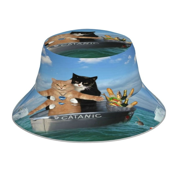 Bingfone Two Brave Cats Are Floating On The Sea Iceberg Bucket Hat For Men Women,Packable Reversible Printed Sun Hats,Fisherman Outdoor Travel Hiking Beach Caps