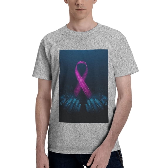 Bingfone Two Human Hands Are Holds Pink Ribbon Awareness Men'S Loose Fit Short-Sleeve Pocket T-Shirt