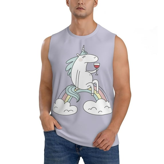 Bingfone Unicorn and Wine Pattern Men's Tank Tops Workout Sleeveless Tee Shirts Running Beach Tanks for Men-Large