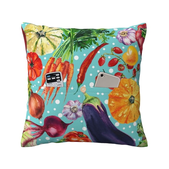 Bingfone Vegetable Linen Throw Pillow Covers Cushion Case Pocket Button Vintage Farmhouse Pillowcase For Sofa Couch Bed 18"X18"