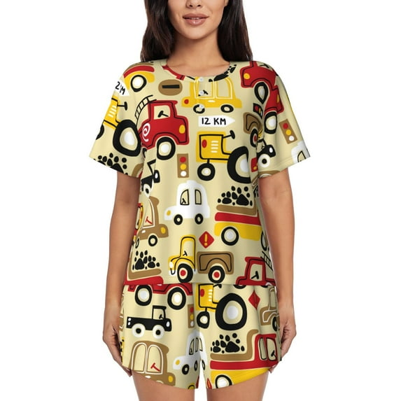 Bingfone Vehicles Print Pajamas Sets for Women Soft Short-Sleeved Pjs with Lounge Shorts Two Piece Sleepwear