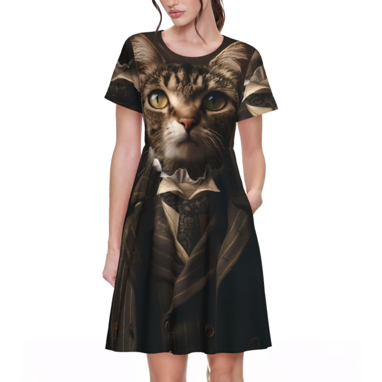 Bingfone Victorian Gentle Cat Print Women’s Short Sleeve Dress ...