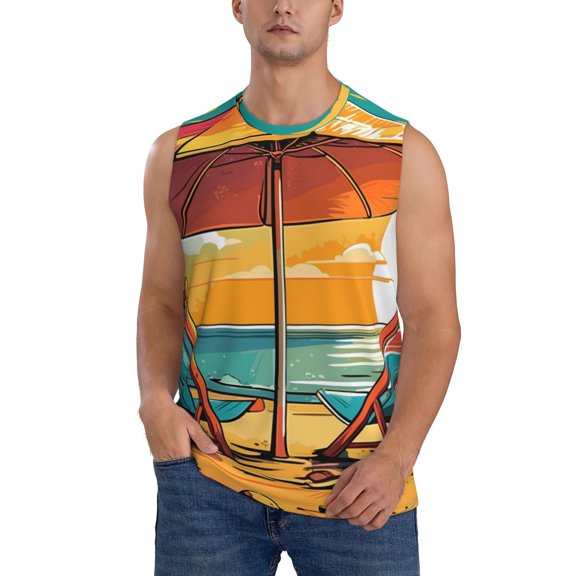 Bingfone Vintage Beach Sunset Pattern Men's Tank Tops Workout Sleeveless Tee Shirts Running Beach Tanks for Men-Large