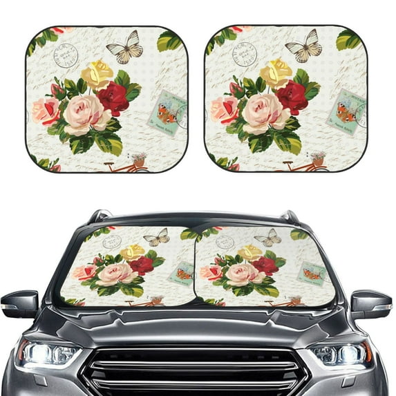 Bingfone Vintage Bike Flower Butterfly Print 2-Piece Sun Shade Front Windshield - Foldable Car Front Window Sunshades For Most Sedans Suv Truck - Small