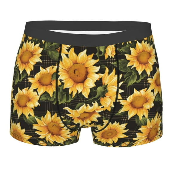 Bingfone Vintage Black Plaid Sunflower Men's Underwear - Casual Stretch Boxer Briefs-Small