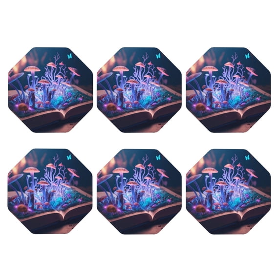 Bingfone Vintage Book Glowing Mushrooms Leather Drinks Coasters with Set of 6,Suitable for Home Kitchen,Coffee Cup Coasters Home Gift