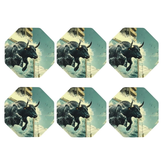 Bingfone Vintage Bull Charging Through Waves Leather Drinks Coasters with Set of 6,Suitable for Home Kitchen,Coffee Cup Coasters Home Gift