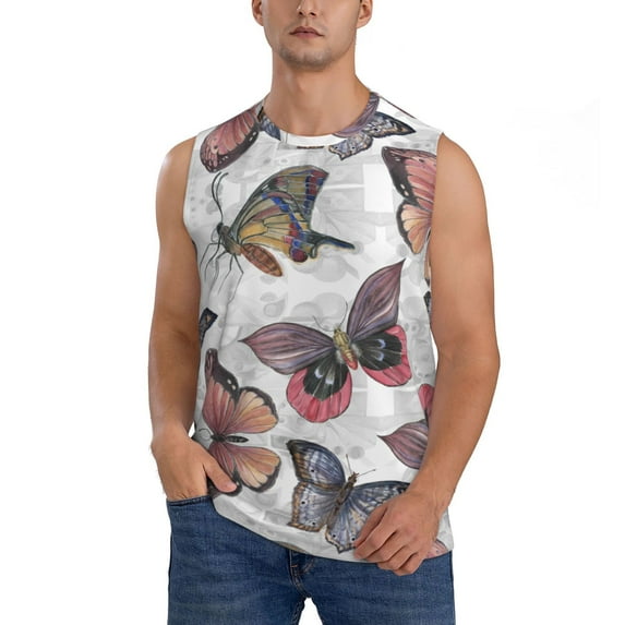 Bingfone Vintage Butterflies Pattern Men's Tank Tops Workout Sleeveless Tee Shirts Running Beach Tanks for Men-Large