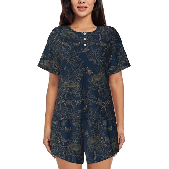Bingfone Vintage Chrysanthemum Print Pajamas Sets for Women Soft Short-Sleeved Pjs with Lounge Shorts Two Piece Sleepwear