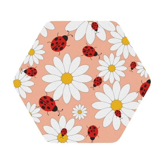 Bingfone Vintage Daisy And Ladybug Leather Drinks Coasters With Set Of 6,Suitable For Home Kitchen,Coffee Cup Coasters Home Gift