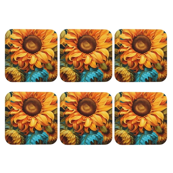 Bingfone Vintage Deep Yellow Colorful Sunflower Leather Drinks Coasters with Set of 6,Suitable for Home Kitchen,Coffee Cup Coasters Home Gift