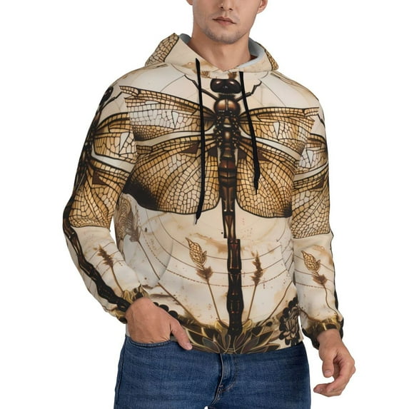 Bingfone Vintage Dragonfly Artwork Men's Drawstring Hoodie Long Sleeve Pocket Sweatshirts-Small