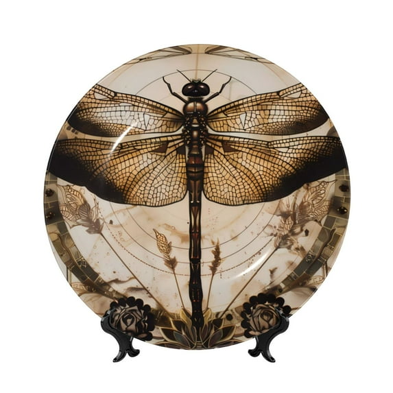 Bingfone Vintage Dragonfly Artwork Print Bone China Dinner Decorative Plates,Handmade Ceramic Dinner Plate with Stand for Home Club-6in