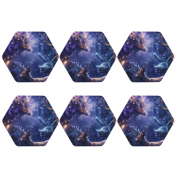 Bingfone Vintage Enchanted Forest Stag Gathering Leather Drinks Coasters with Set of 6,Suitable for Home Kitchen,Coffee Cup Coasters Home Gift