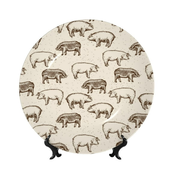 Bingfone Vintage Farm Pigs Print Bone China Dinner Decorative Plates,Handmade Ceramic Dinner Plate with Stand for Home Club-6in
