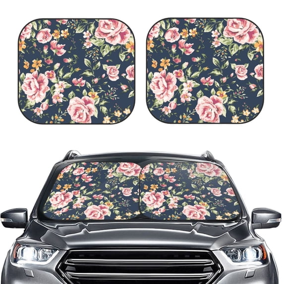 Bingfone Vintage Floral Print 2-Piece Sun Shade Front Windshield - Foldable Car Front Window Sunshades For Most Sedans Suv Truck - Large