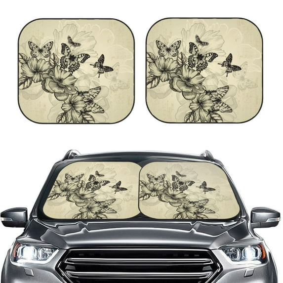 Bingfone Vintage Floral Windshield Sun Shade 2-Piece Foldable Car Front Window Sunshade for Most Sedans SUV Truck-Large