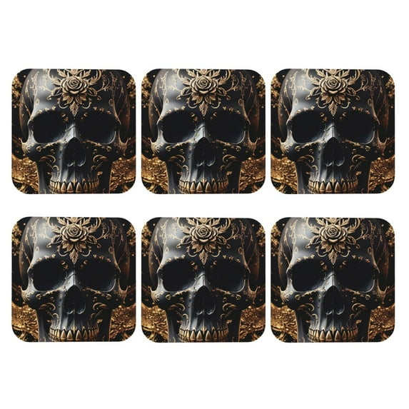 Bingfone Vintage Gold Pattern Black Skull Leather Drinks Coasters with Set of 6,Suitable for Home Kitchen,Coffee Cup Coasters Home Gift